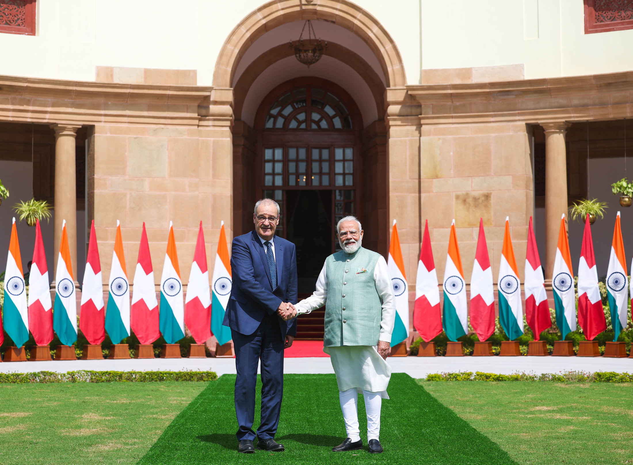 Swiss President Guy Parmelin (left) and Prime Minister Narendra Modi (right) at Hyderabad House, New Delhi, on 5 October 2026.